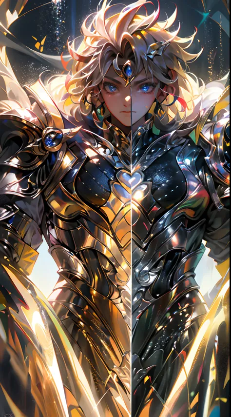 Ultra-high saturation，（tmasterpiece）， fully body photo，（best qualtiy）， （1girll）， starryskybackground，Wearing shiny gold armor， Sexy lingerie type armor，Expose your chest，Expose the waistline，Exposing thighs，cool-pose， Saint Seiya Armor， messy  hair，high de...