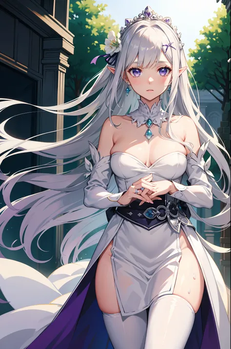 Emilia from Re:Zero kara Hajimeru Isekai Seikatsu, half elf, gorgeous white and purple wet elegant wedding dress, holding a bunch of clematis, silk accesory, veil, grace hair style, flower flying effect, garden background, perfect body shape, small breast,...