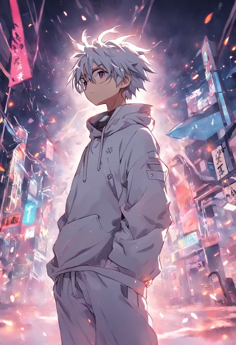 Gray-haired Japanese anime youth,Wearing VR glasses,, White hoodie, White shorts, No tattoos, No beard, 16 yaers old, Wear white VR glasses