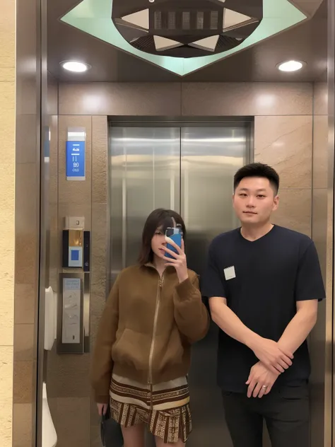 there is a man and woman taking a selfie in an elevator, in an elevator, 8k selfie photograph, elevator, in the dark elevator, 8k --height 768, group of people in an elevator, 2 people, photo taken in 2 0 2 0, 155 cm tall, 165 cm tall, 😭🤮 💔, 2 meters