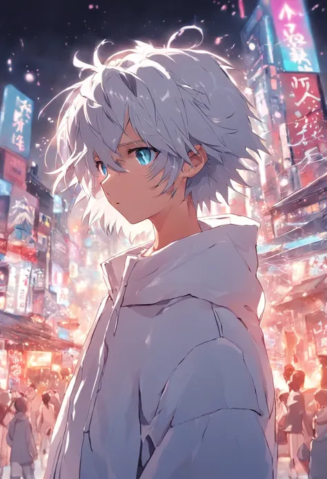 Gray-haired Japanese anime youth,Wearing VR glasses,, White hoodie, White shorts, No tattoos, No beard, 16 yaers old, Wear white VR glasses