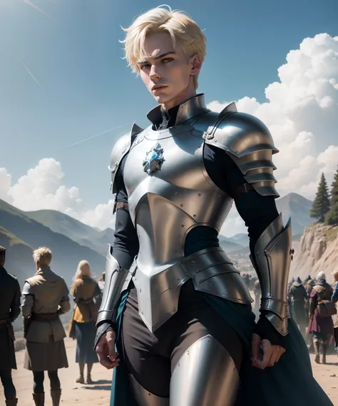 (RAW Photo, 4k, Masterpiece, High Resolution, Extremely Complex) (Realistic: 1.4), Cinematic Lighting, One male character, Spotlight, Splendor, On a Hill, Medieval(Style), (Best Quality) , (Highres ), (Silver armor with blue accents),(8k imposing face),(Ye...