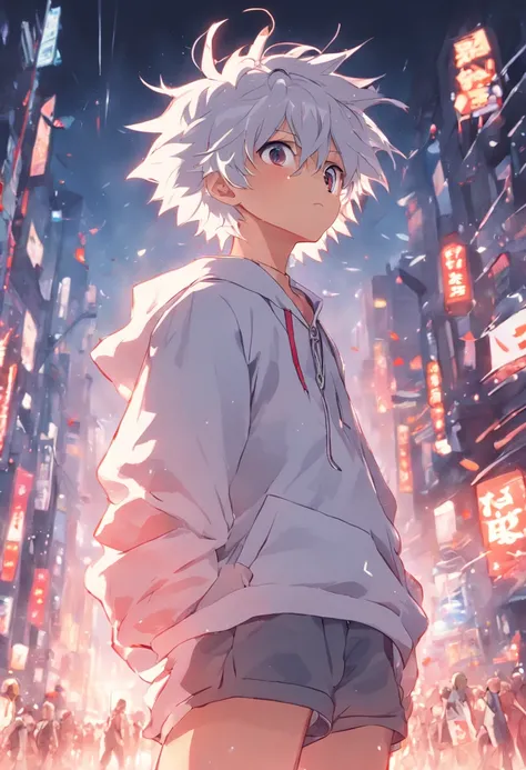 Gray-haired Japanese anime youth,Wearing VR glasses,, White hoodie, White shorts, No tattoos, No beard, 16 yaers old, Wear white VR glasses