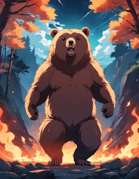 a bear standing for hurry and dream of weathy, rich (vỉant colors , fire+ground elementor,simple design , vector art, minimal)