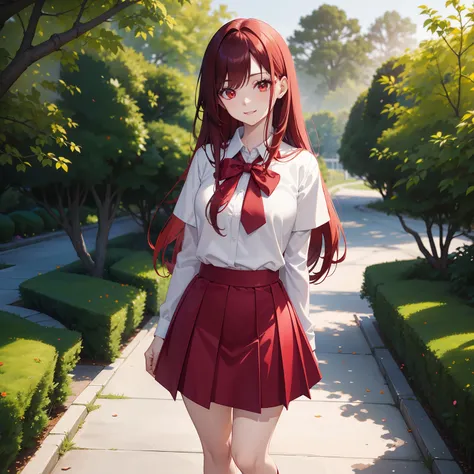 Anime girl,Dark Red Hair,Long straight Bobcut,dark red eye,cute smile,funkelnde Augen,medium big,Sexy Body,wearing a cute school uniform,rote krawatte,red skirt,white shirt,standing in a garden,stunning,photorealistic,4k,high quality,Anime style,Half Body