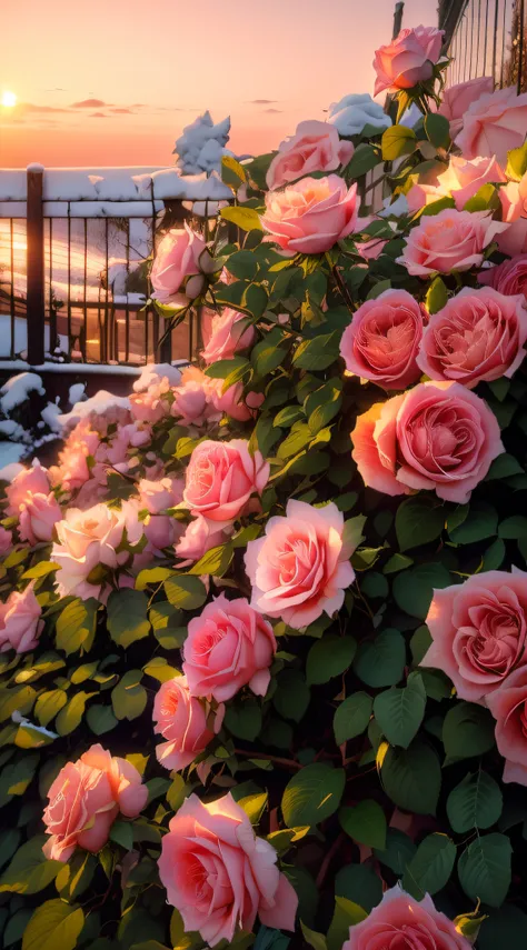 Pink roses grow in the snow near the fence, roses in cinematic light, Beautiful and aesthetic, with soft bushes, beautiful aesthetic, Rose garden, pink golden hour, rosette, rosses, with soft pink colors, beutifull, at gentle dawn pink light, beautiful flo...