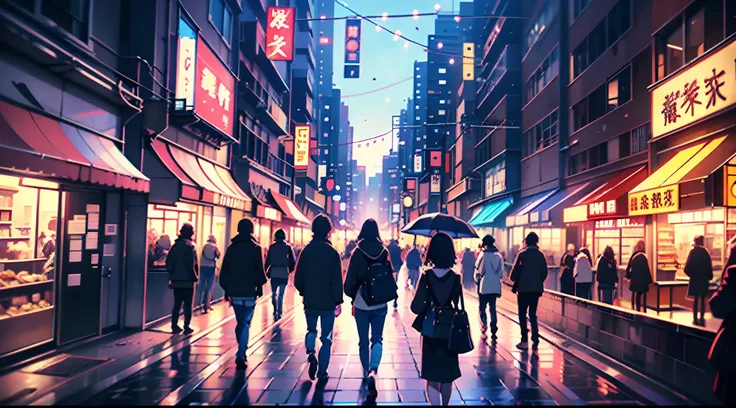 there are many people walking down the street in the city, style of red line anime movie, anime still film anime shikishi, crowded street, tokyo night anime scene, ( ( makoto shinkai ) ), makoto shinkai movie, anime movie screenshot, makoto shinkai. —h 216...