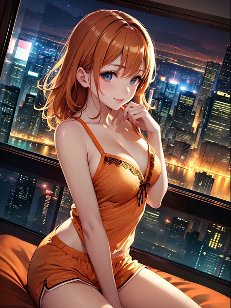 masutepiece、Best Quality、Illustration、 ultra-detailliert、hight resolution、8K Wallpapers、Perfect dynamic composition,、Beautiful detailed eyes、pajamas、(orange color camisole:1.3)、(Orange pajama shorts:1.3)、(Raw feet:1.3)、Medium Hair、(Beautiful Large Breasts:...