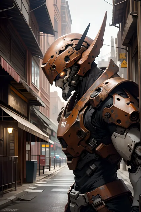 Portrait photo of an alpha male, perfect eyes, in a worn mecha suit, intricate, (steel metal [rust]), elegant, sharp focus, photo by greg rutkowski, soft lighting, vibrant colors, masterpiece, ((streets)), cowboy shot, dynamic pose,