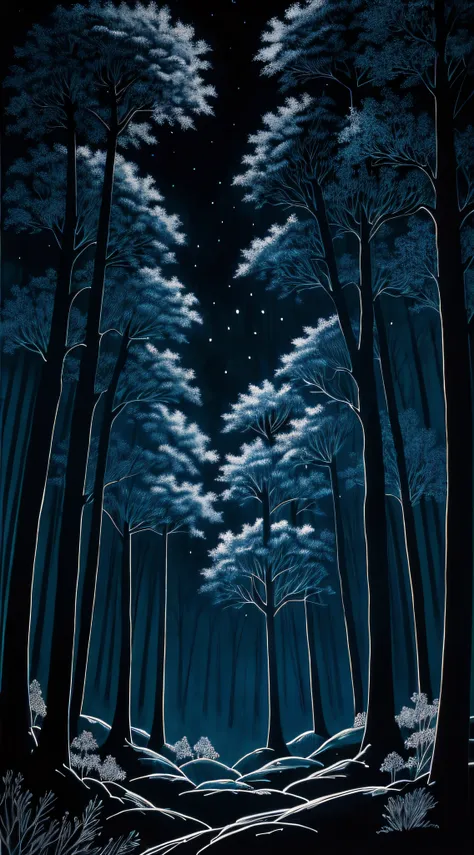 An ink painting illustration that expresses the silence of the night.

Location: Forest
Time: night
Subject: Silence at night
The illustration depicts a night landscape in a forest. The forest is shrouded in darkness and silence.

A large tree is drawn in ...