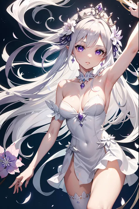 Emilia princess from Re:Zero kara Hajimeru Isekai Seikatsu, half elf, gorgeous white and purple wet elegant silk wedding dress, holding a bunch of clematis, silk accesory, veil, grace hair style, flower and feather flying effect, garden background, perfect...