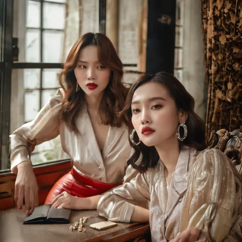 two women posing for a picture in a room with a table, profile pic, profile picture, exclusive, dilraba dilmurat, dang my linh, lalisa manobal, both have red lips, ssao 8 k, 🐝👗👾, nixeu and sakimichan, sakimichan, beautiful girls, krystal, nude