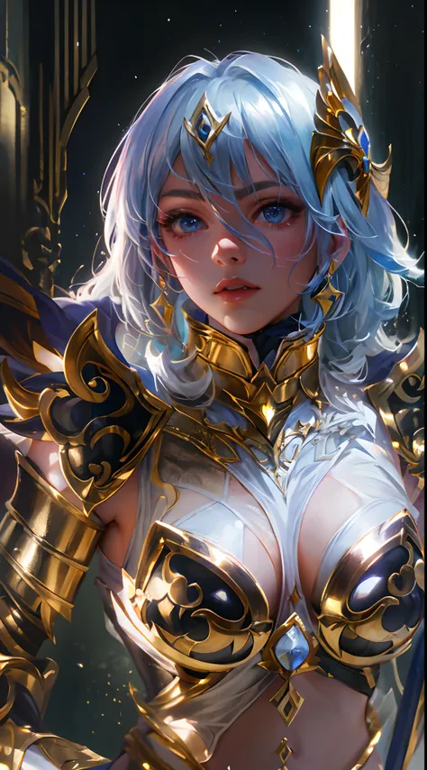 Ultra-high saturation，（tmasterpiece）， fully body photo，（best qualtiy）， （1girll）， starryskybackground，Wearing shiny gold armor， Sexy lingerie type armor，Expose your chest，Expose the waistline，Exposing thighs，cool-pose， Saint Seiya Armor， messy  hair，high de...