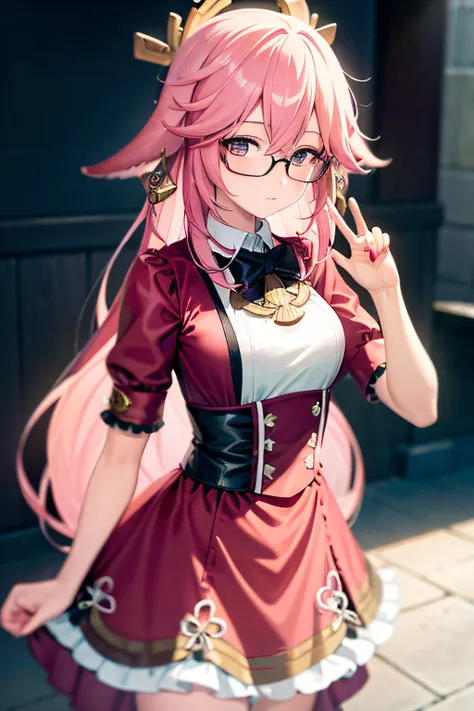 masterpiece, best quality, 1girll, solo, glasses, long hair, animal ears, pink hair，wearing a lolita costume