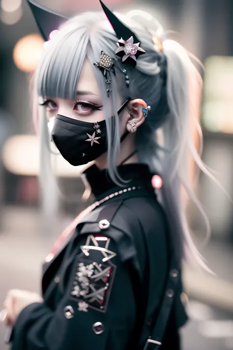 goth_punk, 1girl in, 独奏, medium shot, Walking in Harajuku, ((during night)), bokeh dof, neon light, iridescent eyes, starrysky, Red sparkling hair, White eyebrows, Radiant hair, (iridescent white hair), 耳Nipple Ring, bangss, jewely, masks, bluntbangs, verd...