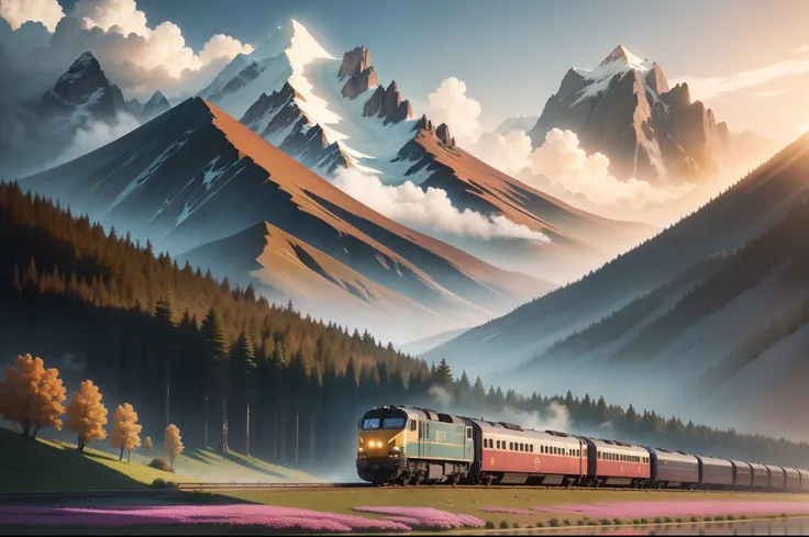 Railway trains，The railway extends into the distance，The train crosses the mountains，Splendid sea of flowers，Sunset，Contre-Jour，concept-art, fantasy, 4K Ultra HD, high qulity, Art trends, Studio quality, Ultra photo realsisim, max detail, Panorama Figures,...