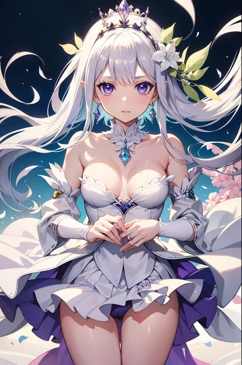 Emilia princess from Re:Zero kara Hajimeru Isekai Seikatsu, half elf, gorgeous white and purple wet elegant silk wedding dress, holding a bunch of clematis, silk accesory, veil, grace hair style, flower and feather flying effect, garden background, perfect...