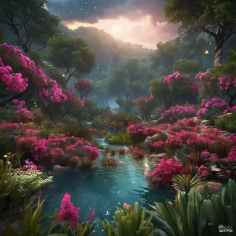 landscape, Flowers, bushes, water,(Extremely detailed Cg Unity 8K wallpaper), most beautiful artwork in the world, Professional majestic oil painting, Intricate, high resolution, Sharp focus, Dramatic, Photorealistic, painting art, Hyper-realistic