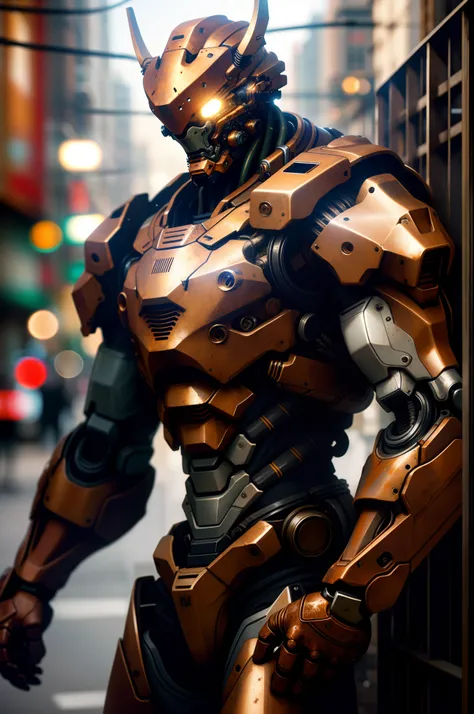 Portrait photo of an alpha male, perfect eyes, in a worn mecha suit, ((light bokeh)), intricate, (steel metal [rust]), elegant, sharp focus, photo by greg rutkowski, soft lighting, vibrant colors, masterpiece, ((streets)), cowboy shot, dynamic pose,