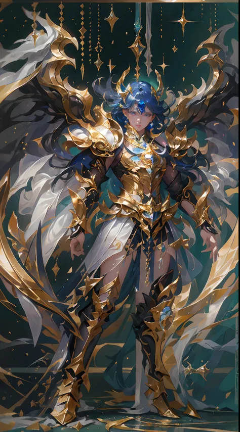 Ultra-high saturation，（tmasterpiece）， fully body photo，（best qualtiy）， （1girll）， starryskybackground，Wearing shiny gold armor， Sexy lingerie type armor，Expose your chest，Expose the waistline，Exposing thighs，cool-pose， Saint Seiya Armor， messy  hair，high de...