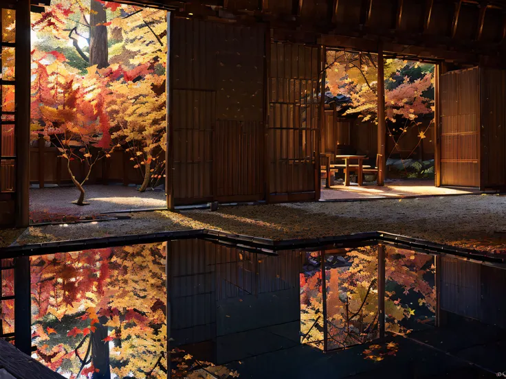 ((((night situation:1.5)))), An illustration of the scenery of the autumn leaves are depicted in a double layer due to the mirror reflection of Korin-in, Daitoku-ji Temple. at night, ultra-detailed, hyper-sharp, digital illustration, Place: Daitokuji Korin...