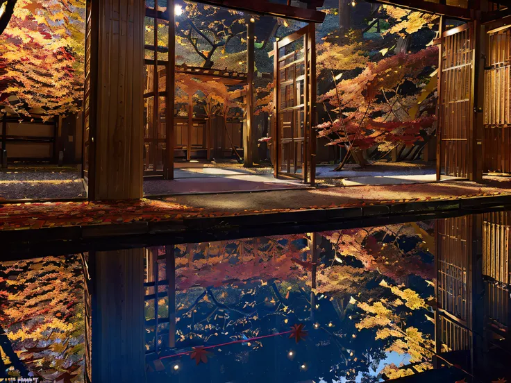 ((((night situation:1.5)))), An illustration of the scenery of the autumn leaves are depicted in a double layer due to the mirror reflection of Korin-in, Daitoku-ji Temple. at night, ultra-detailed, hyper-sharp, digital illustration, Place: Daitokuji Korin...