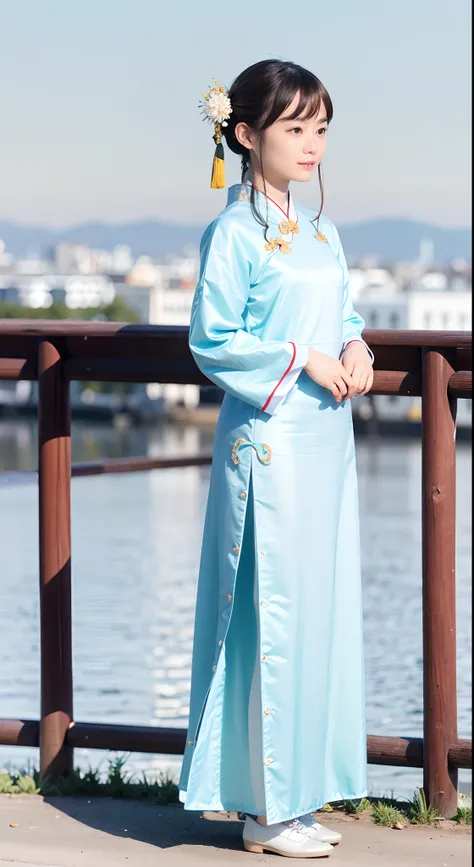 Chinese woman in period costume for a group photo, Long-sleeved Han costume, Varied, ，Insert hairpins into coiled hair, The clothes are fluttering，full-body xianxia, , Stand on a small bridge, His melancholy eyes looked into the distance, Wear period costu...