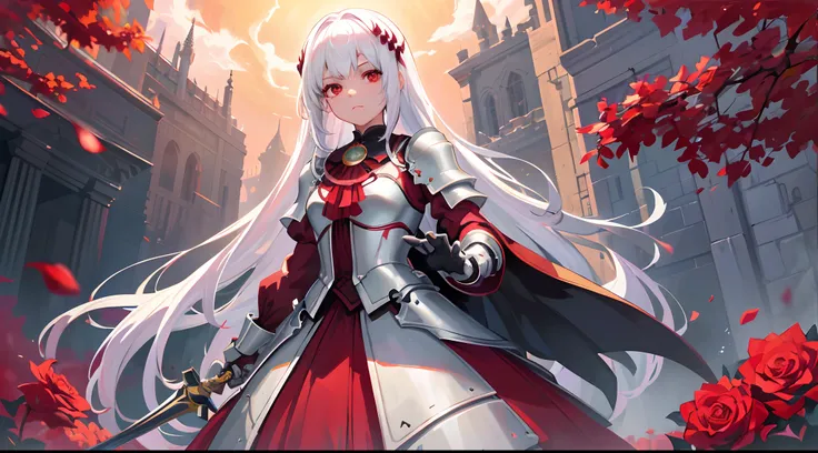 A teenage girl，White hair and red eyes，long whitr hair，Original Character、Fantasy concept art、Volumetriclighting、best shadow、shallowdepthoffield、Portrait of a noble knight、dignified、Sophisticated tactical heavy armor、Tassel waistband、Hand Guard、Poleyn、High...