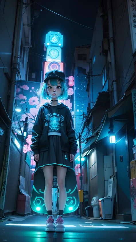 anime girl, standing on a skateboard, Tokyo, Bioluminescent