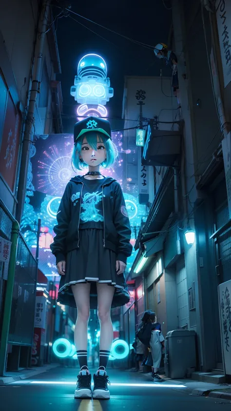 anime girl, standing on a skateboard, Tokyo, Bioluminescent