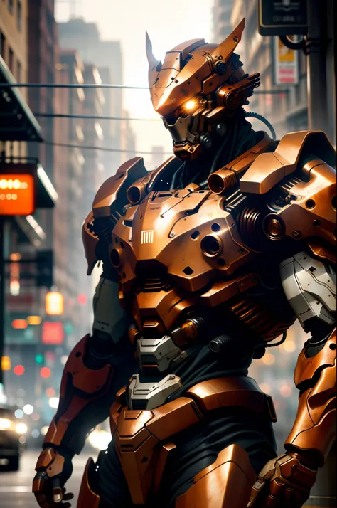 Portrait photo of an alpha male, perfect eyes, in a worn mecha suit, ((light bokeh)), intricate, (steel metal [rust]), elegant, sharp focus, photo by greg rutkowski, soft lighting, vibrant colors, masterpiece, ((streets)), cowboy shot, dynamic pose,