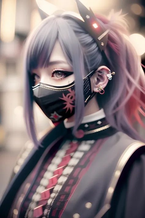 red、Red-haired、goth_punk, 1girl in, 独奏, medium shot, Walking in Harajuku, ((during night)), bokeh dof, Neon light, Iridescent eyes, starrysky, red glowing hair, White eyebrows, Radiant hair, (iridescent white hair), 耳Nipple Ring, bangss, jewely, masks, blu...