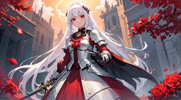 A teenage girl，White hair and red eyes，long whitr hair，Original Character、Fantasy concept art、Volumetriclighting、best shadow、shallowdepthoffield、Portrait of a noble knight、dignified、Sophisticated tactical heavy armor、Tassel waistband、Hand Guard、Poleyn、High...