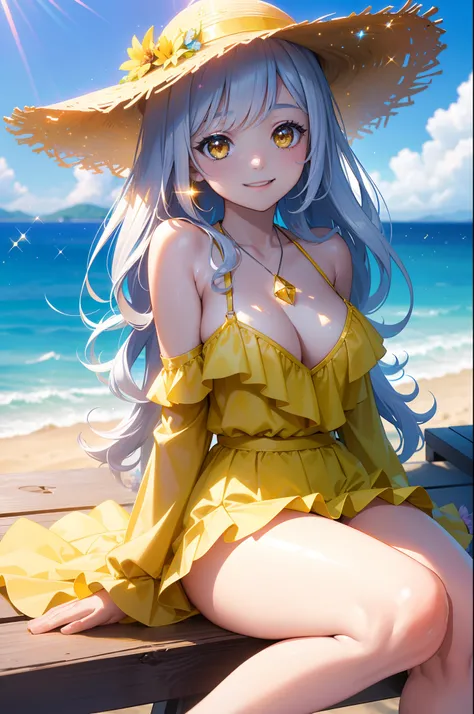 (Masterpiece), (best quality, close-up of 1 cute girl, (happy smiling face), (sitting on the summer beach), (looking back to the viewer), close-up，upper body, (big yellow crystal eyes), (long silver shining waved waved hair), wearing bikini, putting a larg...