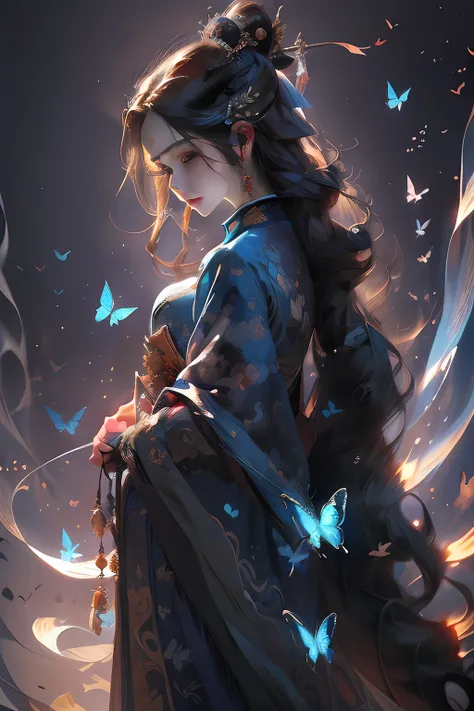 A woman in a blue dress，Holding a butterfly in his hand, A girl in Hanfu, a beautiful fantasy empress, Princesa chinesa antiga, ((a beautiful fantasy empress)), 8K high quality detailed art, China Princess, Guviz-style artwork, Chinese fantasy, A beautiful...