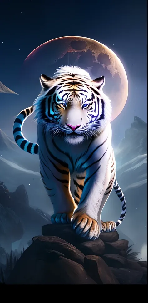 arafed tiger standing on a rock with a full moon in the background, white tiger, tiger_beast, amazing wallpaper, with red glowing eyes, tiger, anthropomorphic tiger, cosmic tiger, tiger of fire flying, mobile wallpaper, a wizard battling a tiger, lisa park...