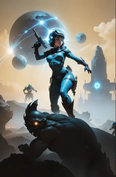 space war scene space girl laser monsters, space girl with laser fighting off space monsters in the style of Frank Frazetta