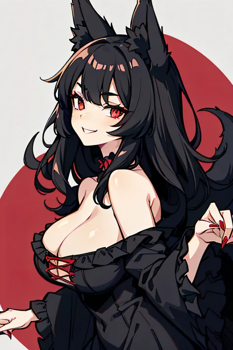 black hair, female werewolf, elegant black and red frilly goth dress, large fluffy black wolf ears, facing viewer, black wolf ears, claws, elegant, curvy body, crazy smile