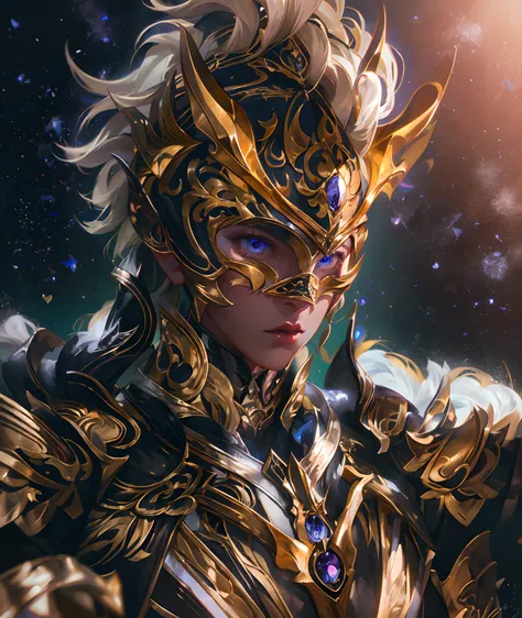 Ultra-high saturation，（tmasterpiece）， fully body photo，（best qualtiy）， （1girll）， starryskybackground，Wearing shiny gold armor， Sexy lingerie type armor，Expose your chest，Expose the waistline，Exposing thighs，cool-pose， Saint Seiya Armor， messy  hair，high de...