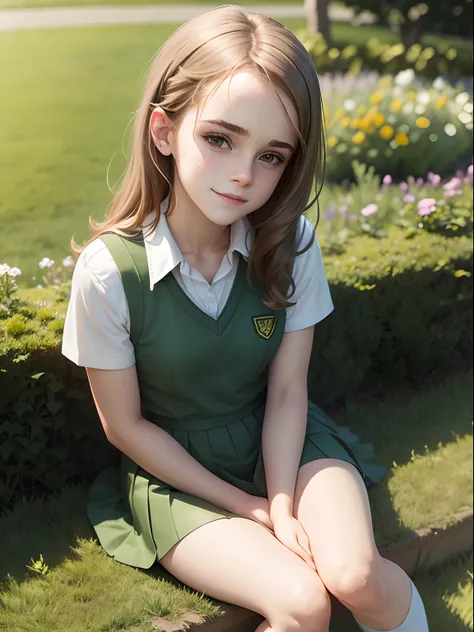 teen Emma Watson dressed in cute green school uniform, sitting on the grass in the garden, smiling