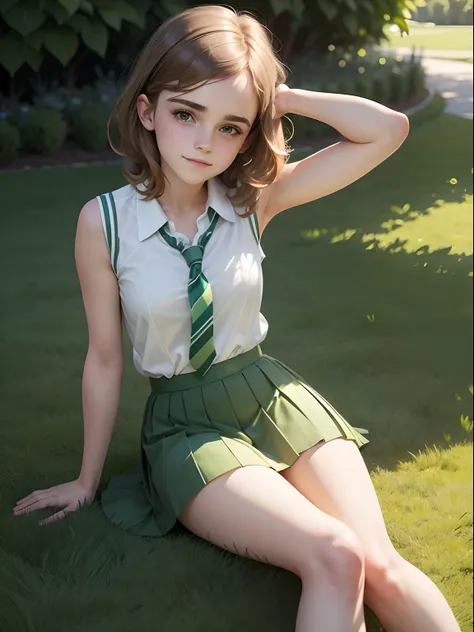 teen Emma Watson dressed in cute school uniform, green pleated skirt, white sleeveless blouse, green striped tie, sitting on the grass in the garden, smiling