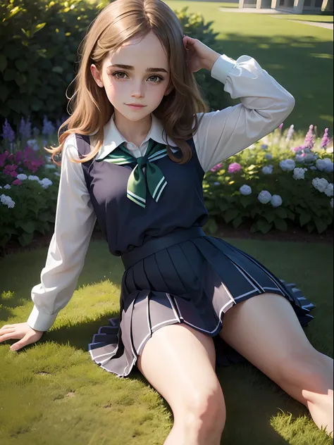 teen Emma Watson dressed in cute school uniform, navy blue pleated skirt, white blouse, green striped tie, sitting on the grass in the garden, smiling