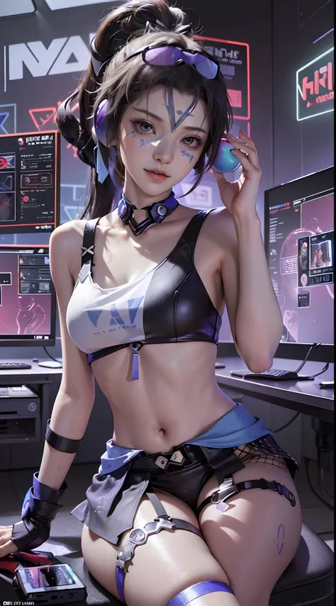 (((((7 avatar shot)))), Silver Wolf, Masterpiece, Best Quality, Ultra Detailed, Extremely Detailed 16k CG Wallpaper, Beautiful Face, (Silver Wolf in Esports Room), (Perfect Beautiful Curved Figure), Seated, Rainbow Color Jewel Eyes, Wearing Resin Hologram ...