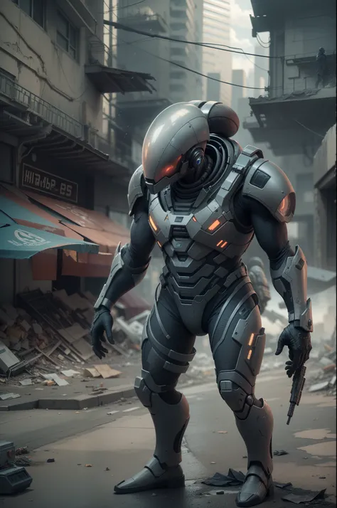 A highly technological and advanced alien soldier in an apocalyptic city