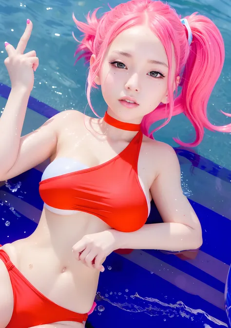 Anime girl in red bikini with pink hair in water, Swimsuit, Yayoi Kasuma, realistic bikini, wearing a swimming wear, swim wears, Ilya Kuvshinov. 4 k, pink twintail hair and cyan eyes, Lori, Wet swimsuit, Junko Enoshima, pixiv 3dcg, [ 4 k digital art ]!!