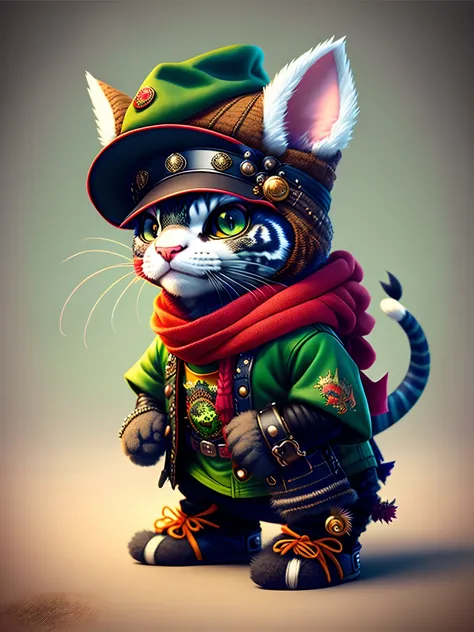 Image of a dragon wearing a hat and scarf, trends in the art station, dressed in punk clothing, Ultra-realistic detail rendering, British gang member, Urban style, intimidating pose, planet of the cats, Fashion clothes, Urban Samurai, meow, West Slavic tra...