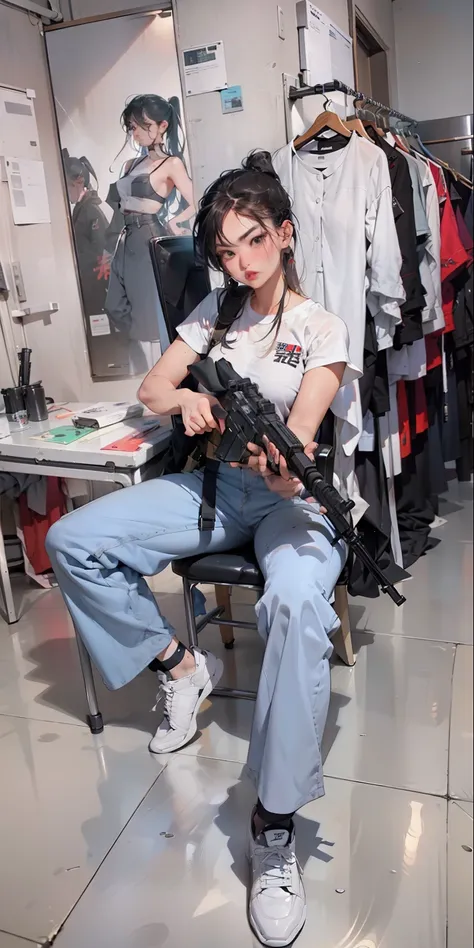 the woman sitting in the chair was in the room with a gun, with pistol, with rifle, photoshoot poses, inspired by leng mei, dram...