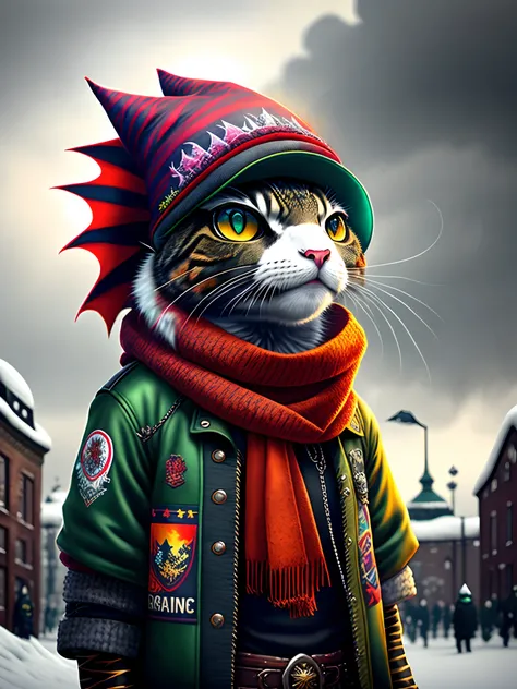 Image of a dragon wearing a hat and scarf, trends in the art station, dressed in punk clothing, Ultra-realistic detail rendering, British gang member, Urban style, intimidating pose, planet of the cats, Fashion clothes, Urban Samurai, meow, West Slavic tra...