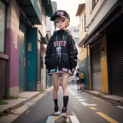 skateboarding, street, cute, loli, rappelling, cyberpunk