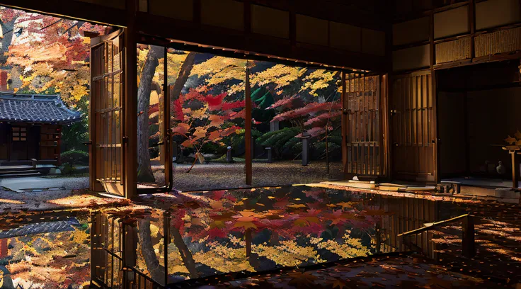 ((((night situation:1.5)))), An illustration of the scenery of the autumn leaves are depicted in a double layer due to the mirror reflection of Korin-in, Daitoku-ji Temple. at night, ultra-detailed, hyper-sharp, digital illustration, Place: Daitokuji Korin...